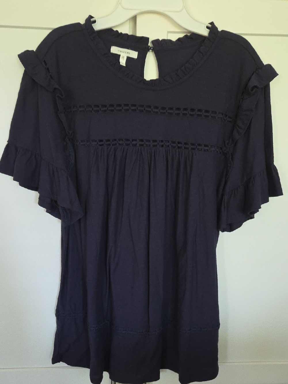 Maurices Navy Ruffle Sleeve Peasant Tunic